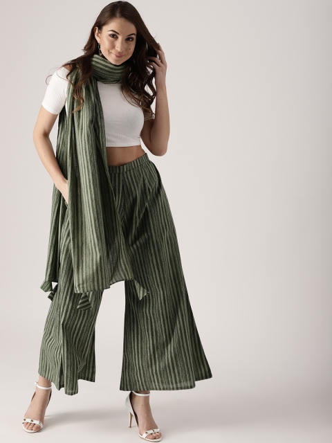 

Libas Women Olive Green Wide Leg Striped Palazzos With Stole