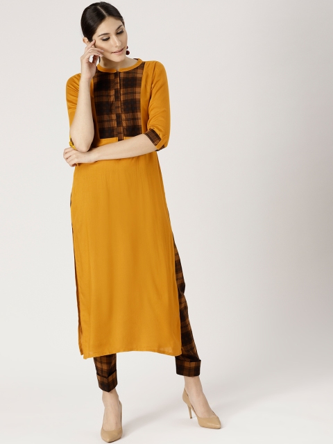 

Libas Women Mustard Yellow & Brown Solid Kurta with Trousers