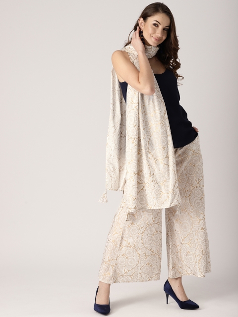 

Libas Women White & Gold-Toned Block Print Wide Leg Palazzos with Stole