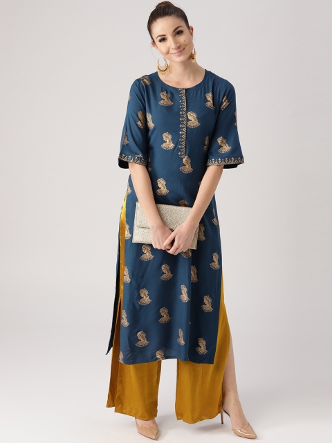 

Libas Women Teal Blue & Golden Block Print Straight Kurta