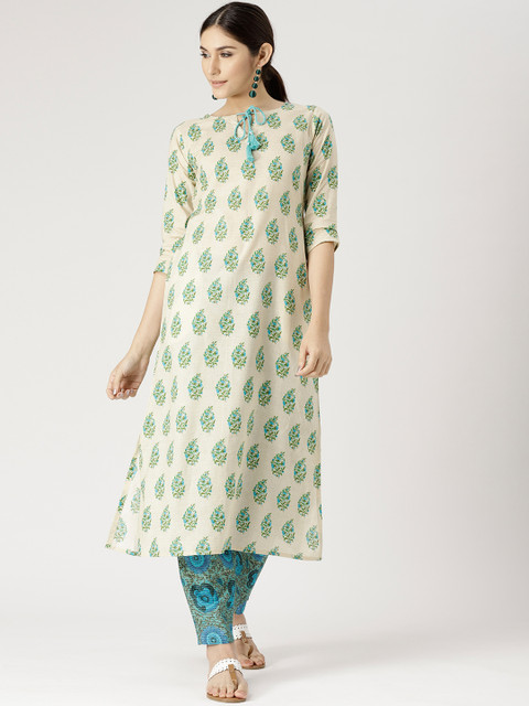 

Libas Women Beige & Blue Printed Kurta with Trousers