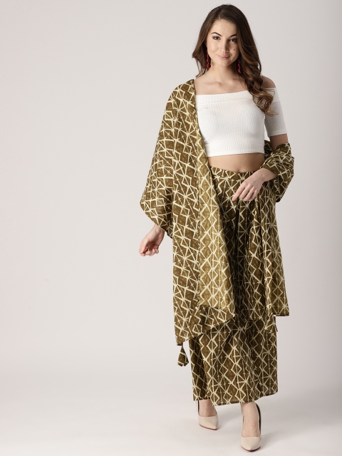 

Libas Women Olive Green Printed Wide Leg Palazzos with Stole