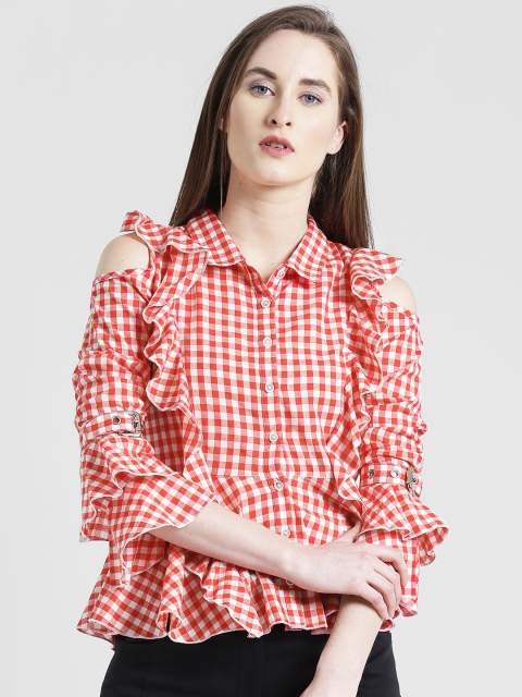 

Texco Women Red & White Regular Fit Checked Cold Shoulder Casual Shirt