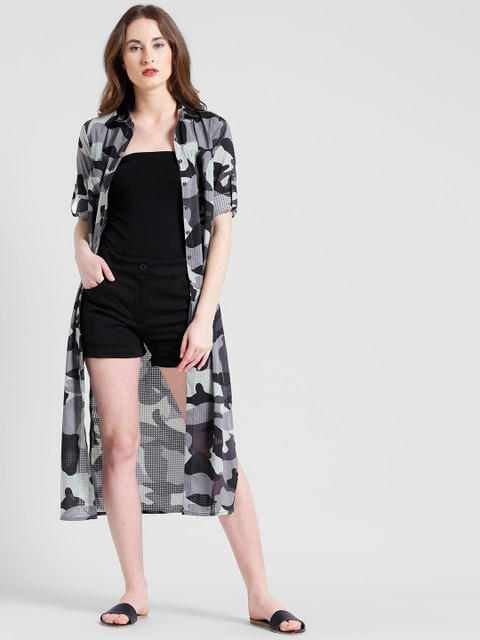 

Texco Women Grey & Black Regular Fit Camouflage Longline Casual Shirt