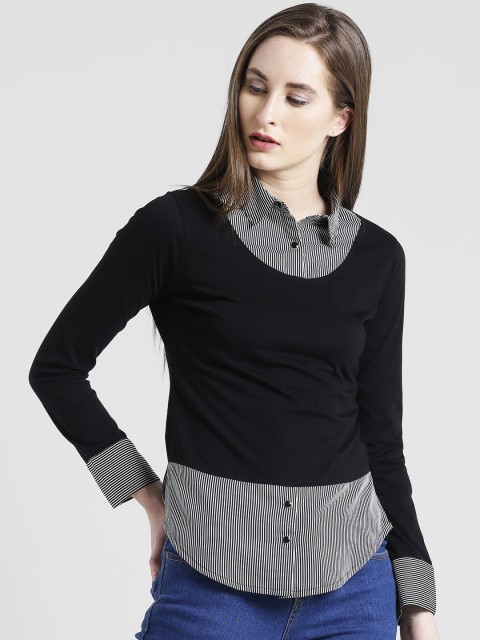 

Texco Women Black Comfort Regular Fit Striped Casual Shirt