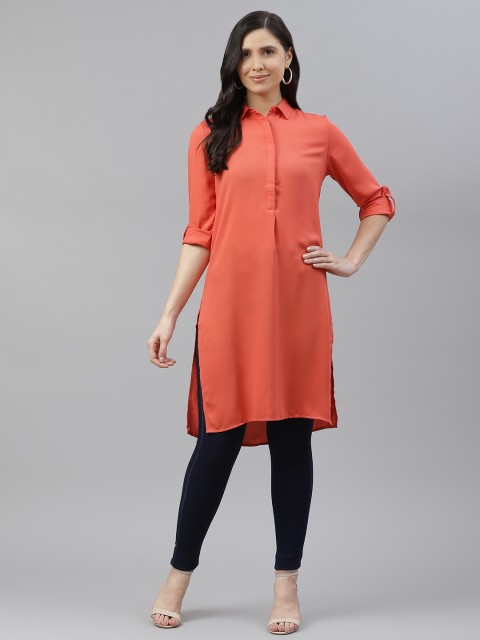 

Van Heusen Woman Coral Pink Solid Straight Kurta