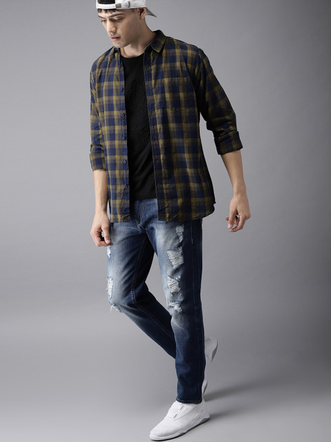 

Moda Rapido Men Navy Blue & Green Checked Casual Shirt