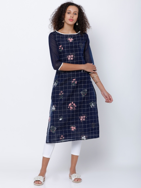 

Vishudh Women Navy Blue Printed Straight Kurta