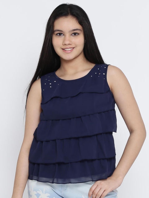

Natilene Girls Navy Blue Solid Tiered Top