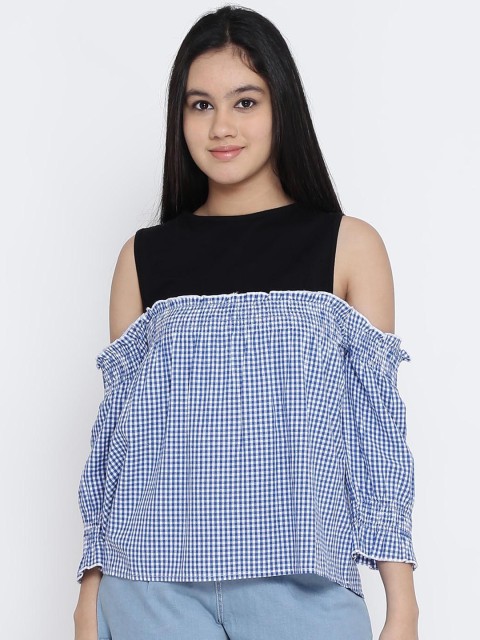 

Natilene Girls Blue Checked Cold Shoulder Top