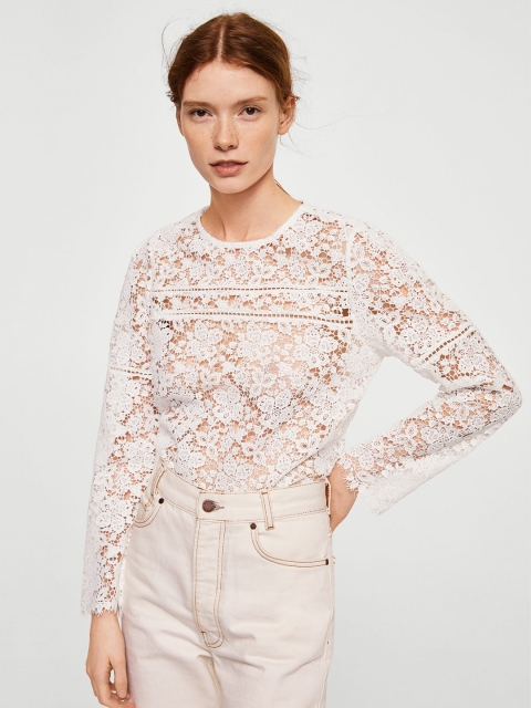 

MANGO Women White Lace Sheer Top