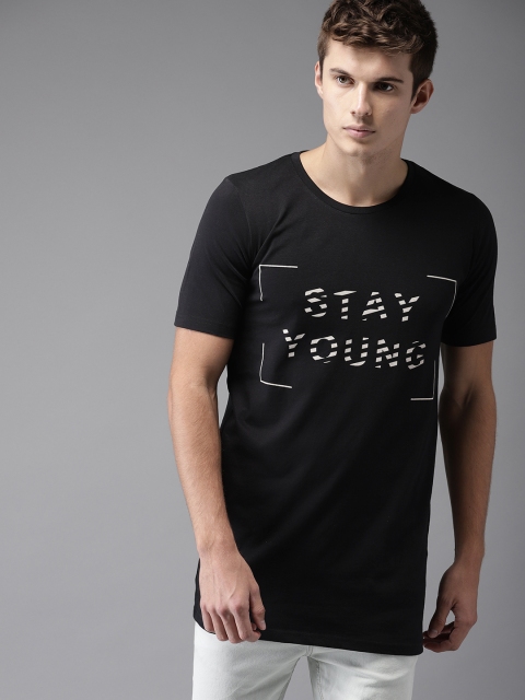 

Moda Rapido Men Black Printed Round Neck Longline T-shirt