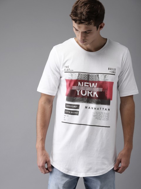 

Moda Rapido Men White Printed Round Neck Longline T-shirt