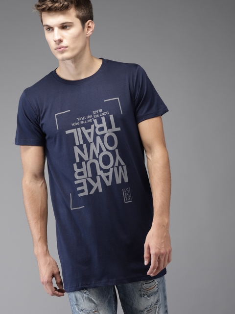 

Moda Rapido Men Navy Blue Printed Round Neck Longline T-shirt