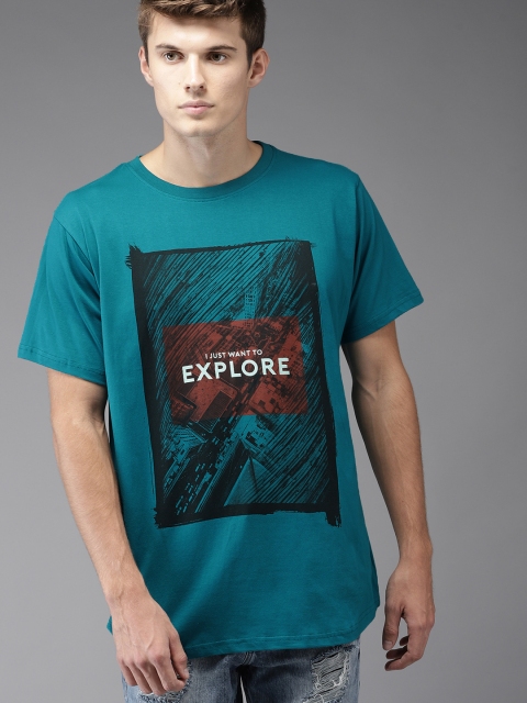 

Moda Rapido Men Teal Printed Round Neck Longline T-shirt