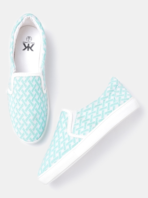 

Kook N Keech Women Sea Green & White Woven Design Slip-On Sneakers