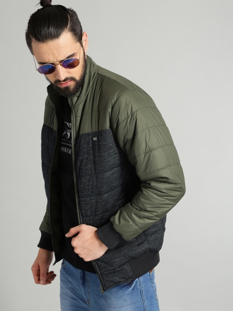 

Roadster Men Olive Green & Navy Blue Colourblocked Bomber Jacket