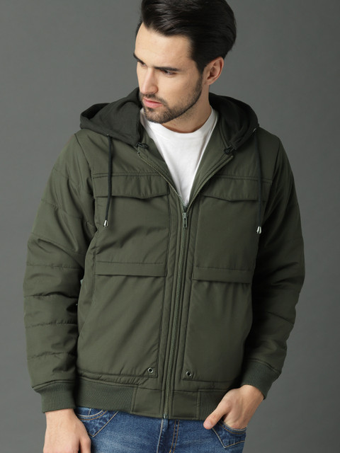 

Roadster Men Olive Green Solid Bomber Jacket