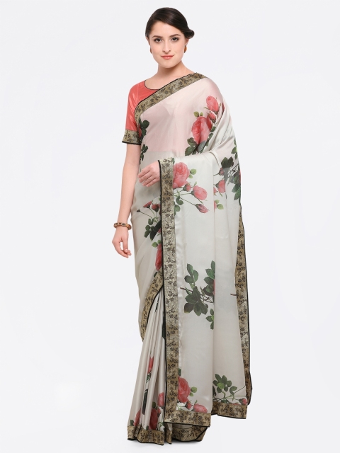 

Inddus Off-White Printed Satin Saree