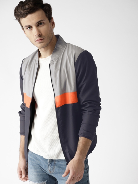 

Mast & Harbour Men Grey & Navy Blue Colourblocked Bomber Jacket