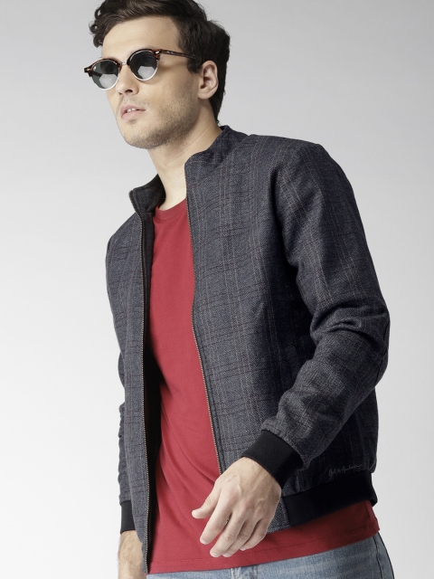 

Mast & Harbour Men Navy Blue Checked Bomber Jacket