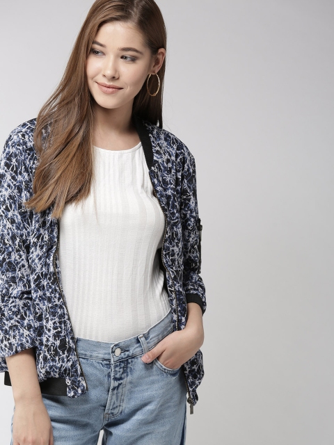 

Mast & Harbour Women Blue & White Printed Bomber Jacket