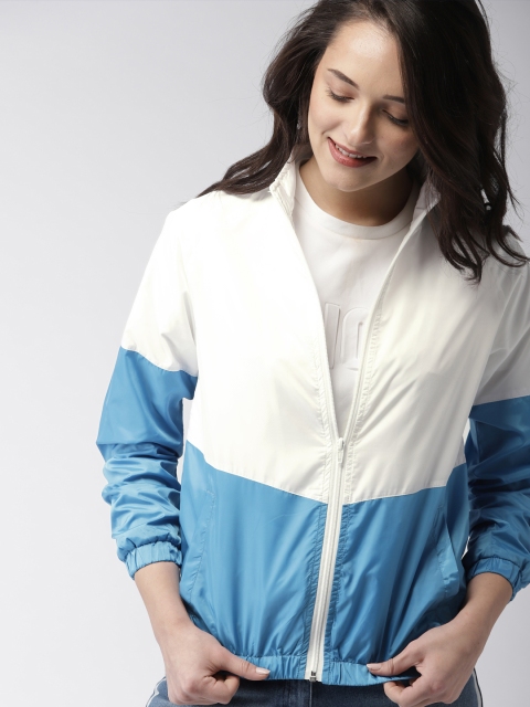 

Mast & Harbour Women White & Blue Colourblocked Lightweight Bomber Jacket