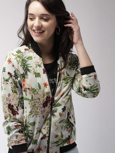 

Mast & Harbour Women Off-White & Green Printed Bomber