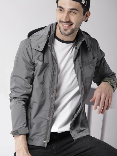 

Mast & Harbour Men Grey Solid Tailored Jacket with Detachable Hood