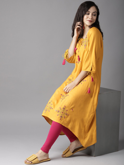 

Moda Rapido Women Mustard Yellow Embroidered A-Line Kurta
