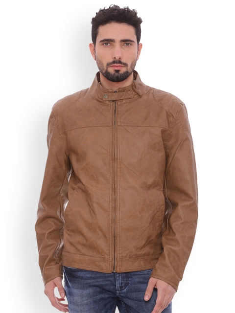 

Basics Men Brown Solid Biker Jacket