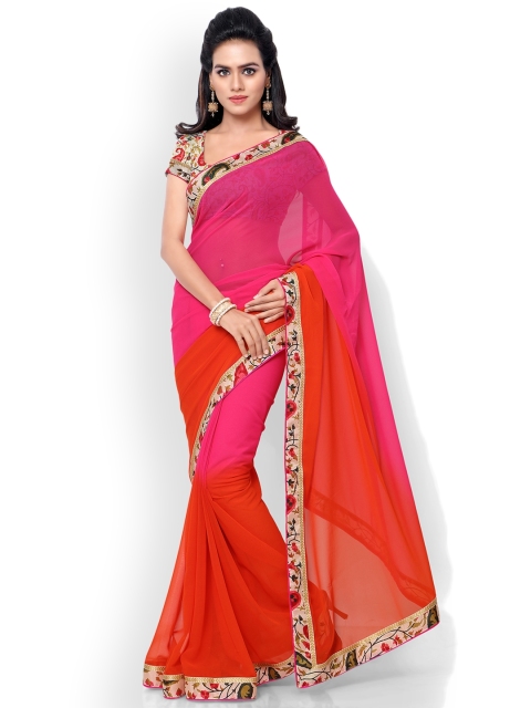 

Florence Pink & Orange Poly Georgette Solid Saree