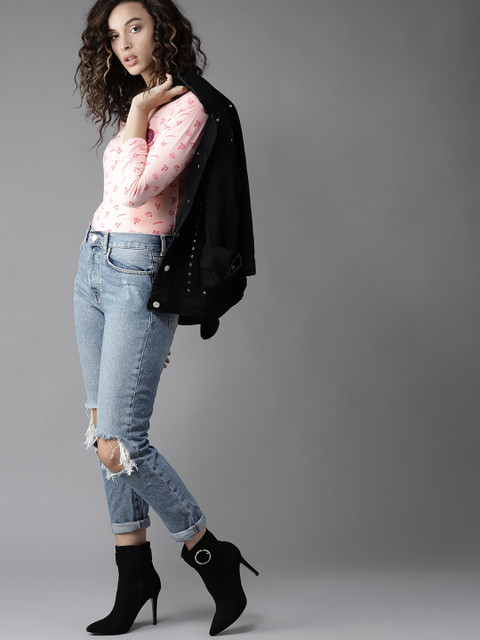 

Moda Rapido Women Pink Printed Henley Neck T-shirt