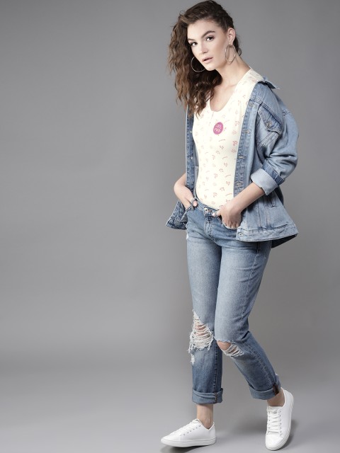 

Moda Rapido Women White & Pink Printed Henley Neck T-shirt