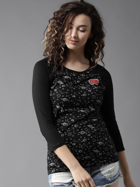 

Moda Rapido Women Black Printed Round Neck T-shirt