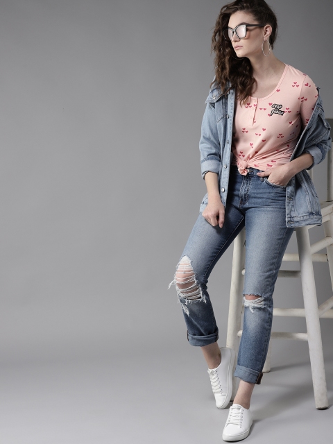 

Moda Rapido Women Pink Printed Henley Neck T-shirt