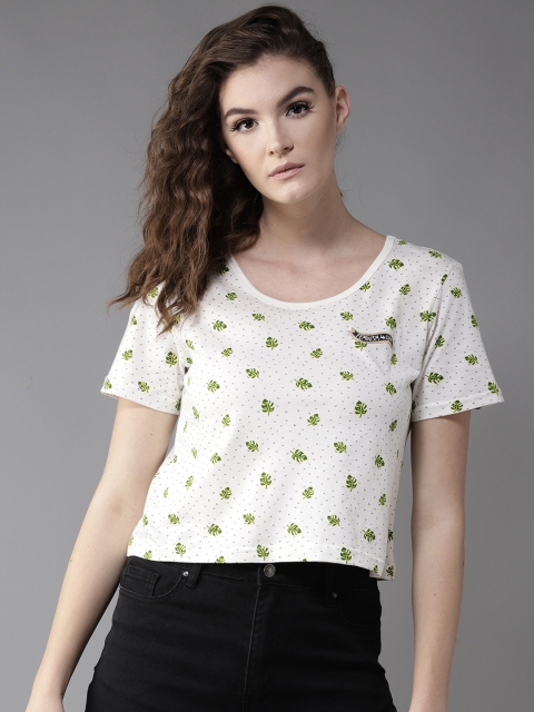 

Moda Rapido Women White Printed Round Neck Crop Pure Cotton T-shirt