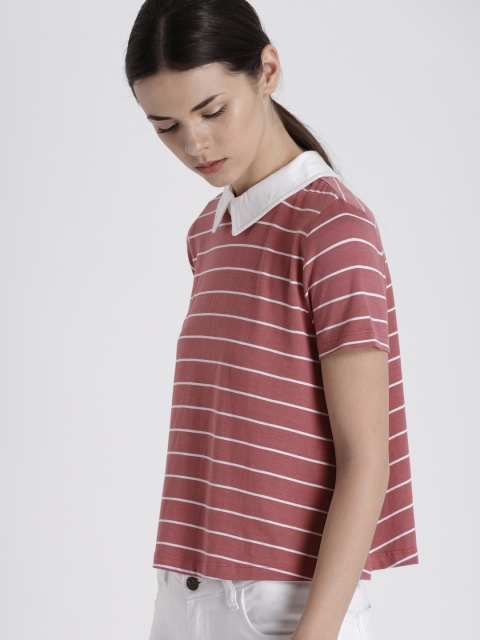 

Chemistry Women Pink White Striped A-Line Pure Cotton T-shirt