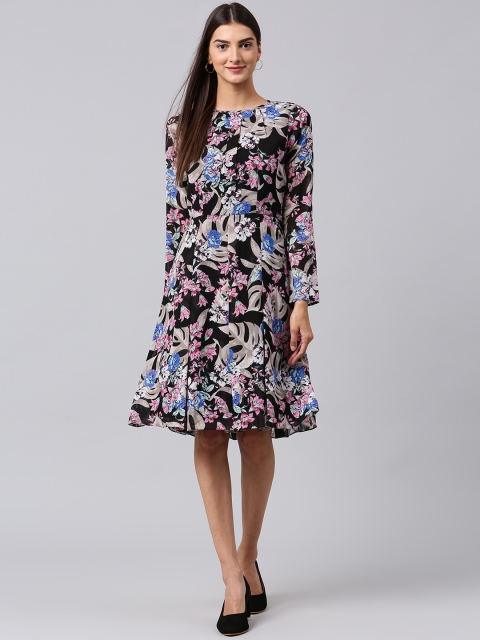 

Athena Women Black Printed Fit and Flare Dress