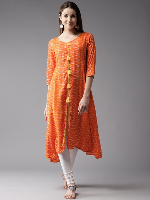 

Moda Rapido Women Orange Printed Asymmetric Hemline A-Line Kurta