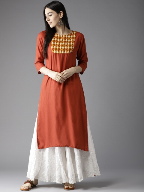 

Moda Rapido Women Rust Orange Yoke Design Straight Kurta