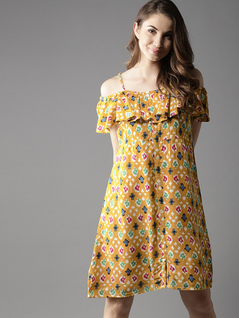 

Moda Rapido Women Mustard Yellow Printed Off-Shoulder A-Line Dress