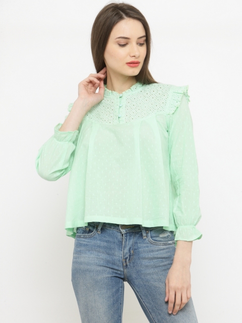

plusS Women Green Self Design Boxy Pure Cotton Top
