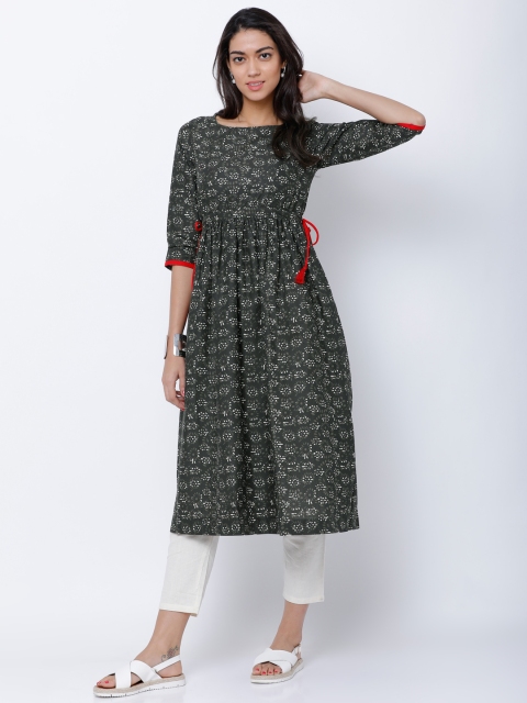 

Vishudh Women Olive Green & Brown Floral Printed A-Line Kurta