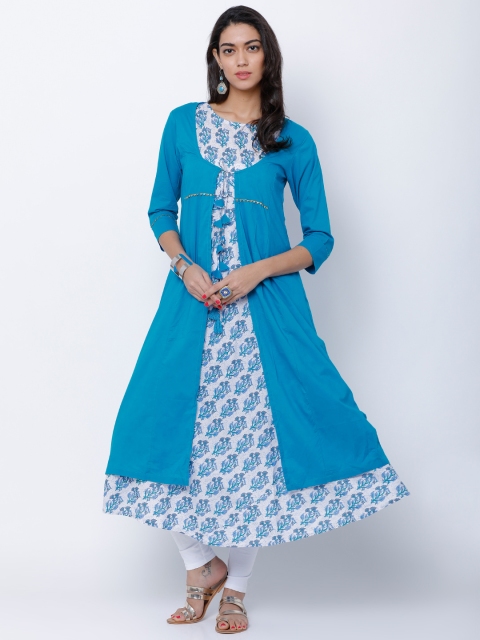 

Vishudh Women Turquoise Blue & White Printed A-Line Kurta