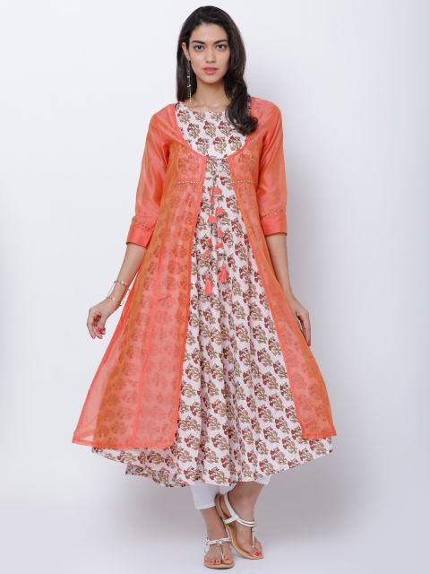 

Vishudh Women Peach-Coloured & White Printed Anarkali Kurta