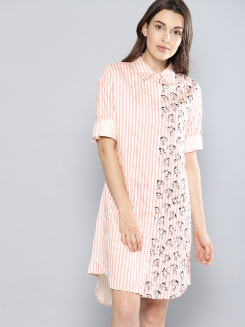 

NUSH Women Off-White & Peach-Coloured Striped Shirt Dress
