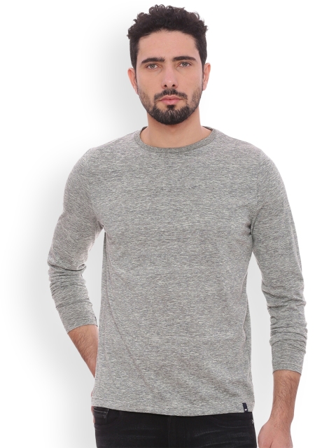 

Basics Men Grey Self Design Round Neck T-shirt