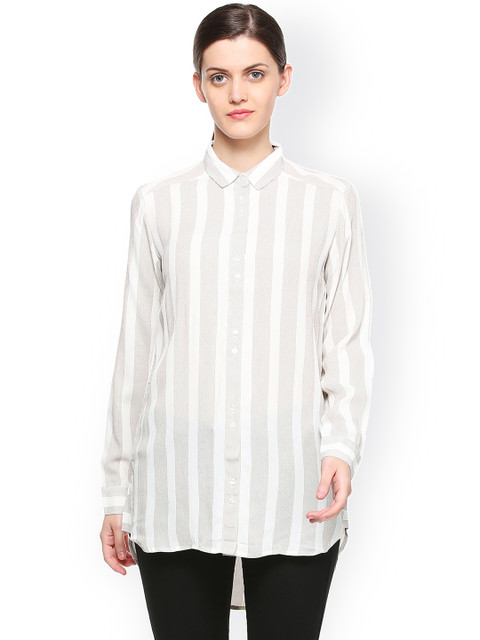 

Van Heusen Woman Women Grey & Off-White Regular Fit Striped Casual Shirt