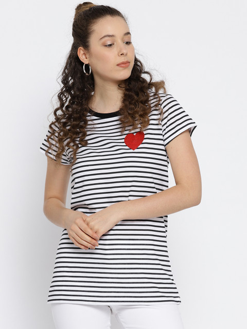 

OVS Women Black & White Striped Round Neck T-shirt
